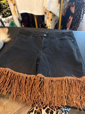 Black Denim Fringe Shorts with Brown Suede Tassels